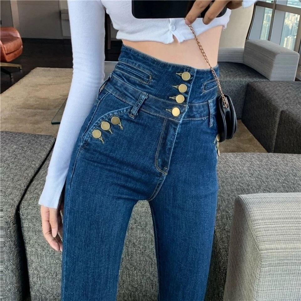 Single Breasted High Waist Flare Jeans for Women Autumn High Street Slim Boot Cut Denim Pants Ladies Fishtail 4 Button Jeans