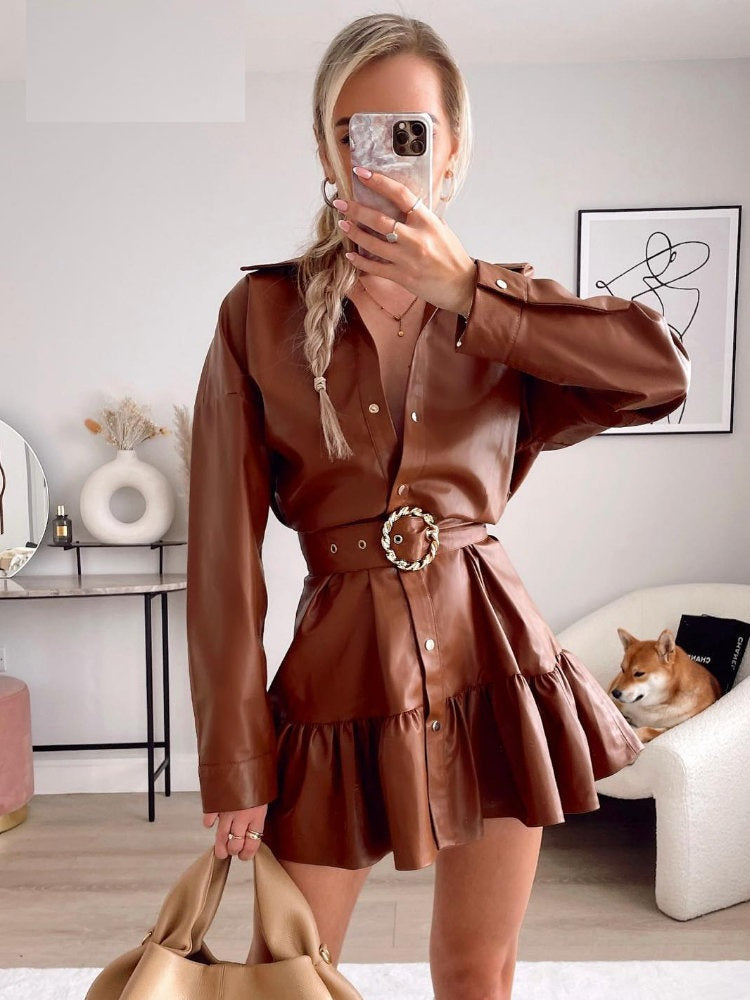 Faux Leather Shirt Dress for Women Fashion Flounced Hem Mini Dresses with Belt Autumn Winter Brown Christmas Club Party Outfits