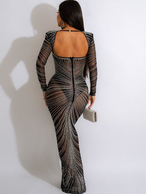 Kricesseen Sexy Mesh Rhinestone Crystal Patchwork Maxi Dress New Women Long Sleeve Sheer Bodycon Night Clubwear Long Dress