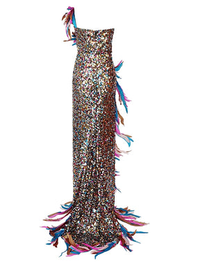 Colorful Feathers Off the Shoulder Sexy Bodycon Long Mermaid Fashion Evening Party Dress Vestido