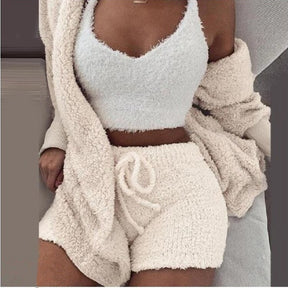 Matching Set Sexy Fluffy Plush Hooded Shorts+Crop Top+Coat 3 Pieces Suit Woman