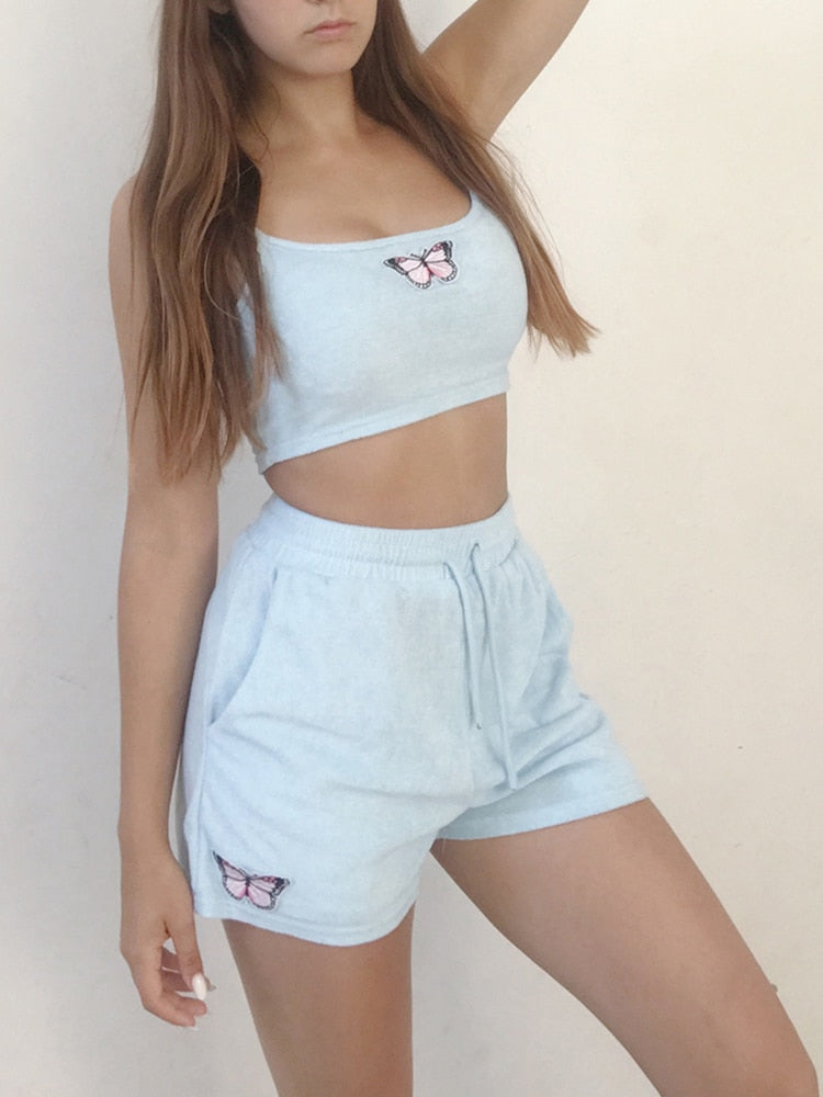 Summer Terry Women Tracksuit Butterfly Applique Crop Top And Shorts Set Woman Clothes Drawstring Loungewear Customized