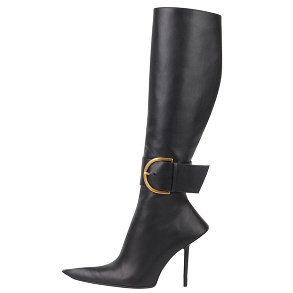 Fashion Style New Women Knee Stilettos Boots Sexy Boots Pointed Toe Party Shoes Ankle Big Buckle Strap Zipper Party