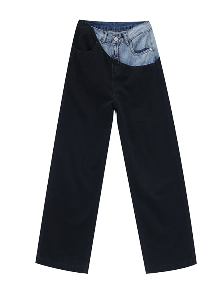 Jeans Patchwork High Waist Loose Pocket Contrast Color Denim Long Pants Spring 2023 New