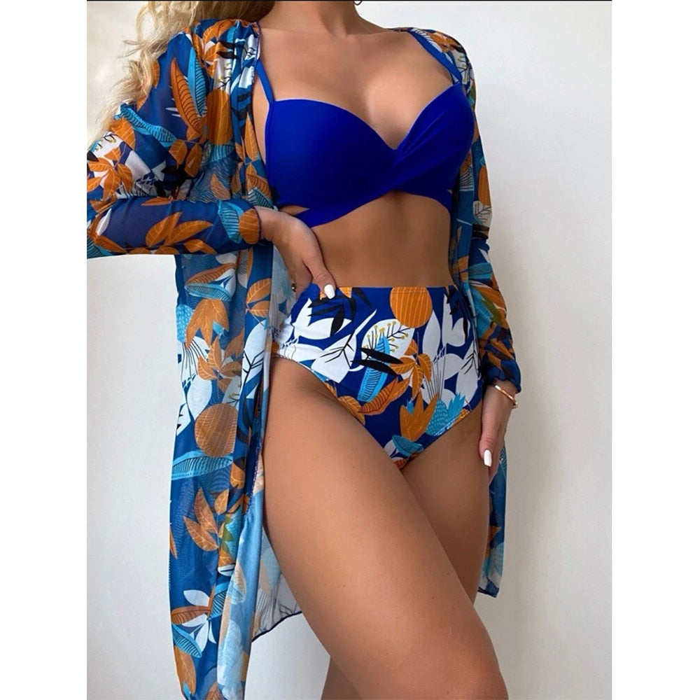 Sexy Bikinis And Cover Set Women Swimsuit Printed Swimwear High Waist Summer Strappy Bathing Suit Beach Wear Biquini Female