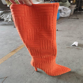 New orange pointed knee boots cloth flannelette high heels boots rectangular stripe stitching fashion