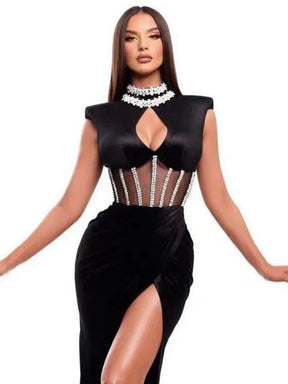 Sexy O Neck Sleeveless Cutout Slim Bandage Dress Women Black Luxury Diamond Split Midi Dress Celebrity Party Club Dress