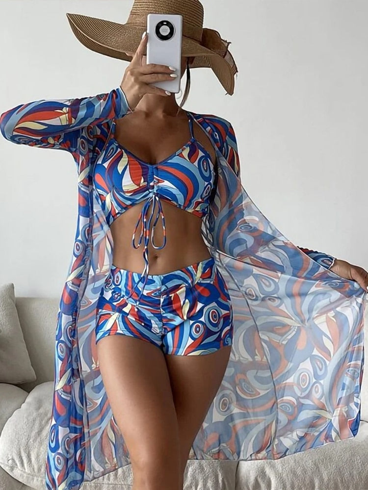 Tropical Allover Print Bikini 3pack Drawstring Ruched Cover Up Women Swimsuit 2023 Long Sleeve Swimwear Beach Wear Bathing Suit