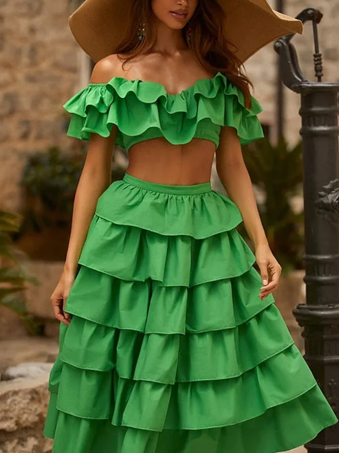 Off Shoulder Ruffle Solid bikini and skirt