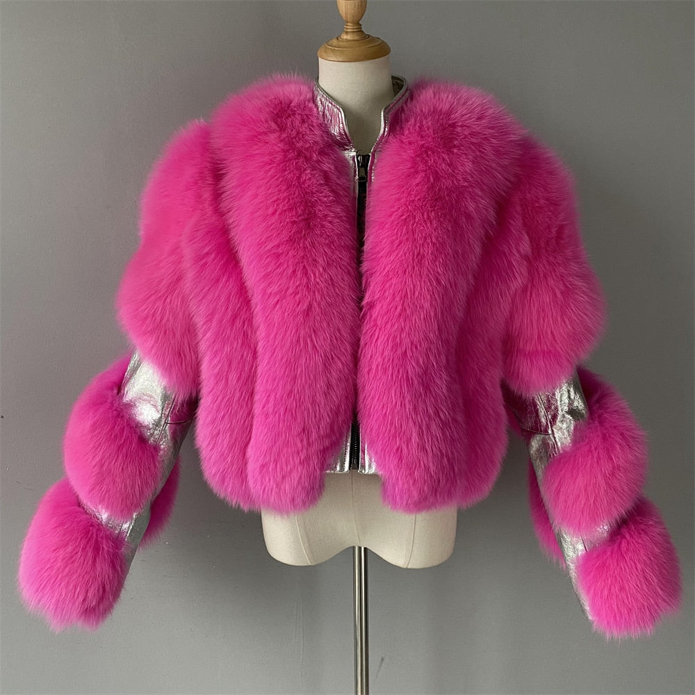 Real Fox Fur Jacket For Woman Sliver Genuine Leather With Natural Fur Cropped Coat Ladies Winter Fashion Outerwear New