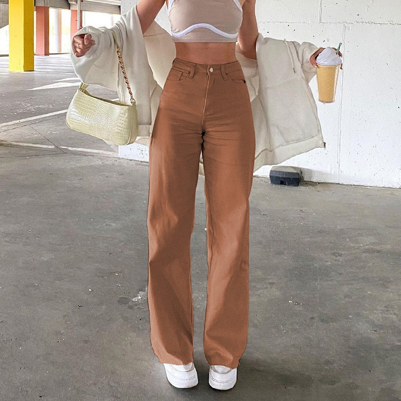 Brown Jeans Fashion Women High Waist Stretch Wide Leg Femme Trousers Casual Comfort Denim Mom Pants Washed Jean Pants