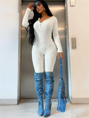 Solid White Long Sleeve Skinny Sport Women Jumpsuit One Pieces Outfits Sexy Ribber Knitted Club