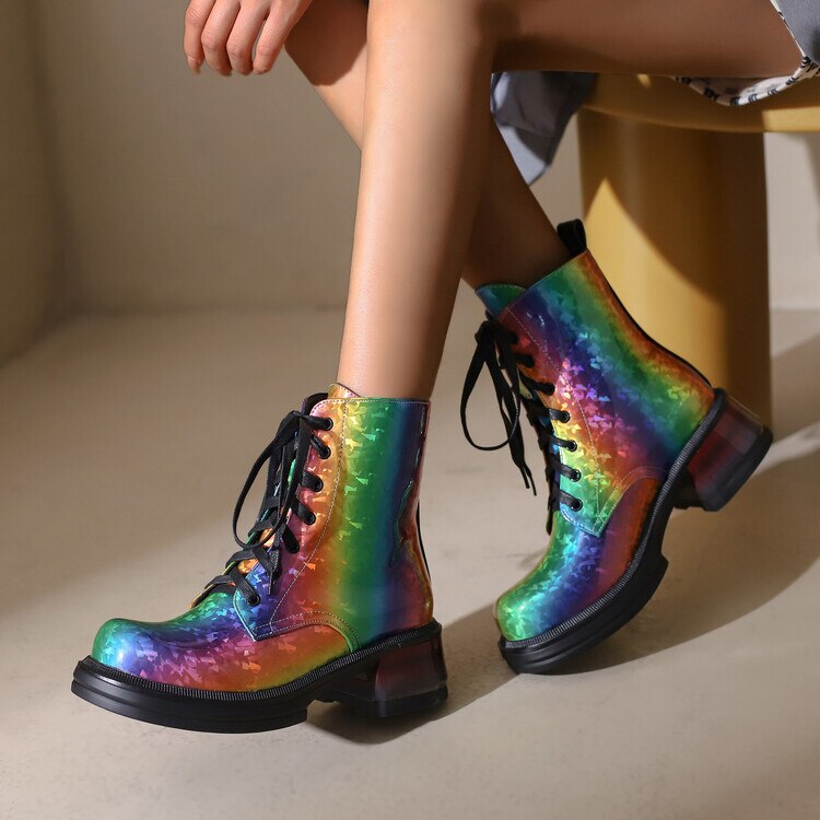 Platform Ankle Boots For Women Girls Lace Up Fashion Mixed Color Rainbow Boots  Winter Autumn Shoes Chunky Heel