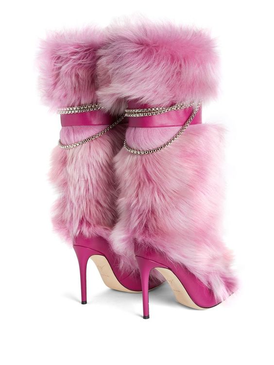 Pointy Toe Knee High Fuchsia Chain Fur Boots Sexy Luxury Women leather Thin High Heel Buckle Booties Fashion Pink Ladies Shoes