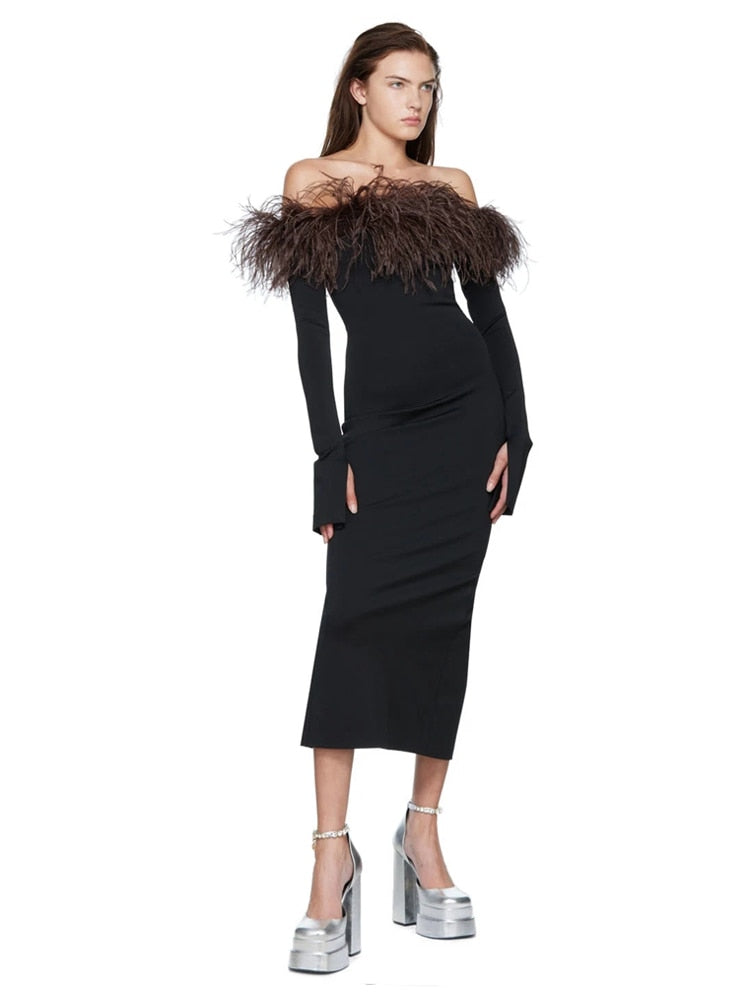 Sexy Off Shoulder Long Sleeve Feather Bandage Dress Women Black Slash Neck Strapless Bodycon Midi Dress Evening Party Club Dress