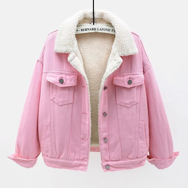 Denim Cotton-padded Thicken Fleece Liner Lambswool Coat Lady Warm Outerwear Loose Tops