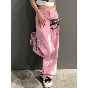 Pink High Waist Jeans Loose Straight Baggy Wide Leg Pants Female  Aesthetic Y2k Korean Fashion Tie Dye Denim Trousers Women