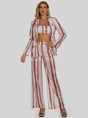 Elegant Blazer Striped Casual Wide Leg Pants 3 Piece Suit Sexy Tube Top + Breasted Blazer Coat +Long Pants Set Party Evening