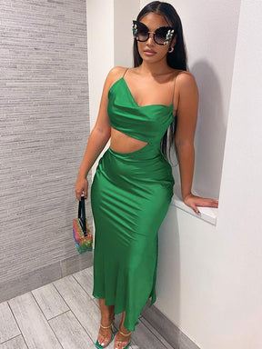 Women Elegant Party Club Evening Hollow Out Bodycon Stain Green Long Dress 2022 Summer Clothes Streetwear