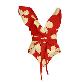 Fashion Red Print Deep V Neck Sexy Bikini One Piece Strapless Beach Dress High Waist Cut Chic Swimwear Push Up Beachwear Women