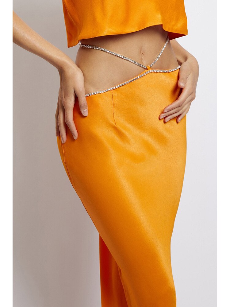 Sexy Crop Top + High Waist Long Skirt Set Elegant Orange Diamond Chain Crop Top Backless Slim Skirt Suit Women Celebrity Party