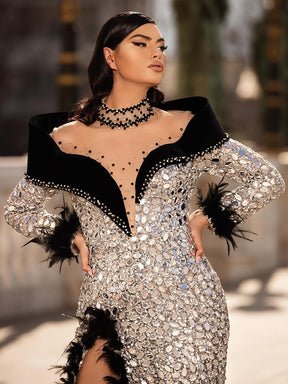 Woman Elegant Long Evening Dresses 2022 Summer New Fashion Chic Feathers Sequins Designer Sexy Femme Vestidos