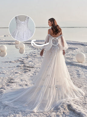 Off The Shoulder Beach Wedding Dress  Long Puff Sleeves Appliques Floor Length Soft Tulle Lace Bridal Gowns Sweep Train