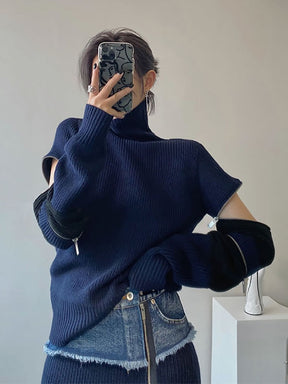 Patchwork Zipper Hole Women Set Winter Casual Fashion New Style Temperament Turtleneck Collar Women Clothes