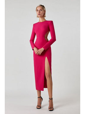 Sexy Hollow Out Long Sleeve Dress Backless Bandage Dress Elegant Rose Red O Neck Lace-up Backless  Party Club Evening Dress