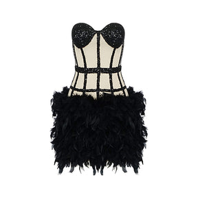 Black Mini Dress Women Feather Sequins Design Evening Party Club Sexy Strapless Vestido