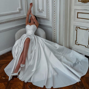 Elegant Wedding Dresses Sexy Split Sweetheart Satin White Bride Dress Sleeveless Sweep Train Custom Made Civil Robe De Mariee