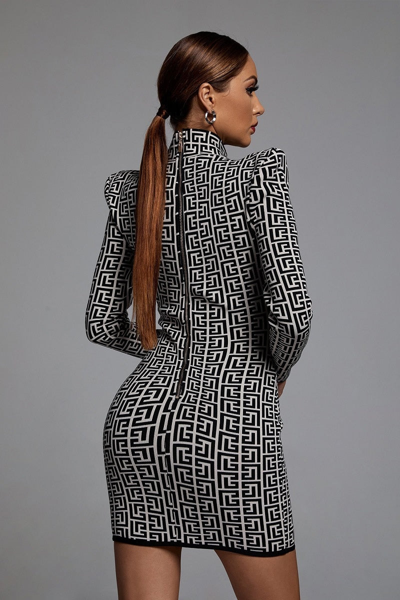 High Quality Sexy Women Long Sleeve Bandage Dress Elegant Jacquard Mini O Neck Designer Bodycon Celebrity Club Evening  Vestidos