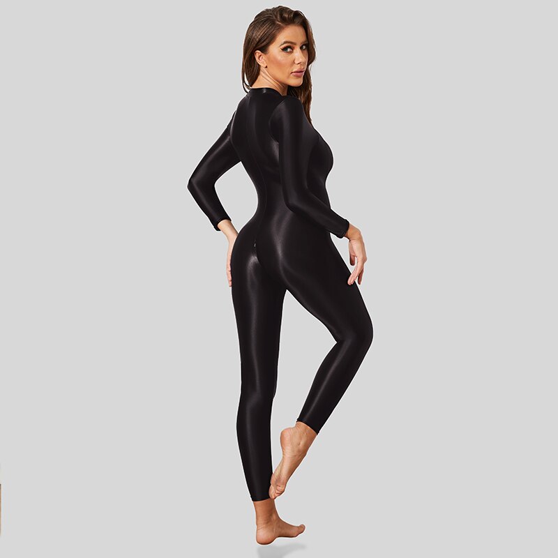 Shiny Satin Sexy Body Suits Women Long Sleeve Bodysuit Full Length One-piece Tights Silky Smooth Zipper Open Crotch Rompers