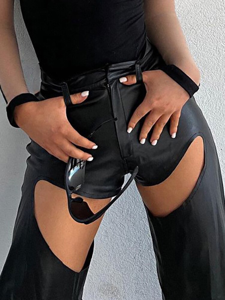 Leather High Rise Pants for Women Bottom Club Party Gothic Sexy Cut Out Pant Trousers Streetwear