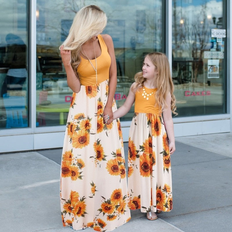 Sleeveless Mother and Daugther Dress Family Matching Outfits Floral Patchwork Women Girls Dresses Mommy and Me Clothes