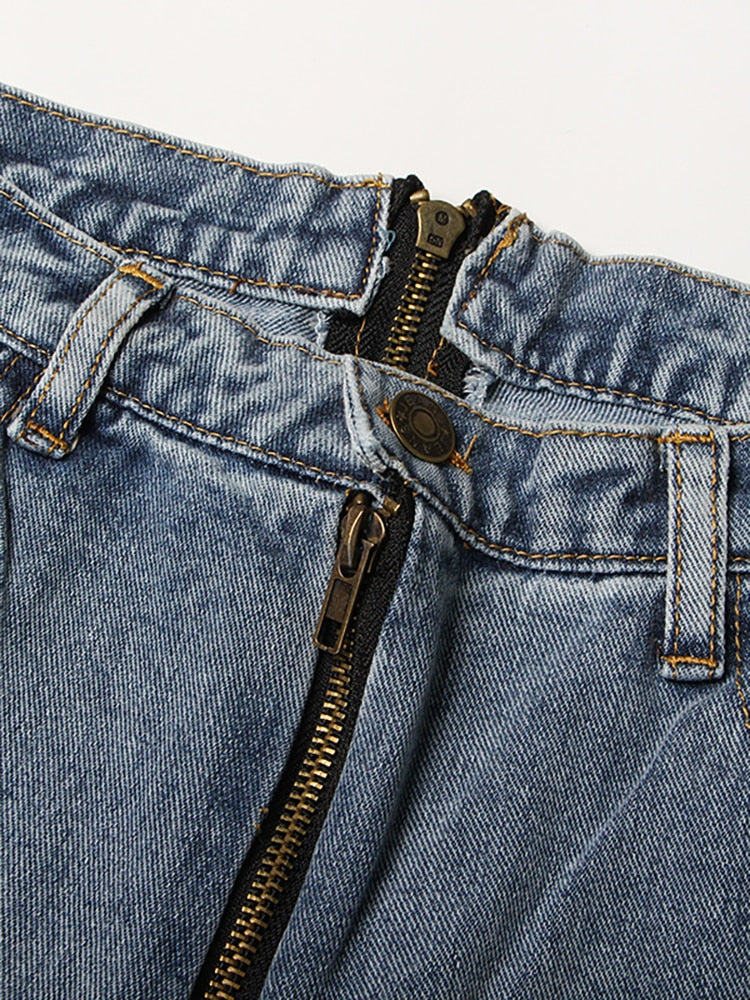 Jeans Patchwork High Waist Zipper Split Fork Burr Long Straight Denim Pencil Pants Spring 2023 New