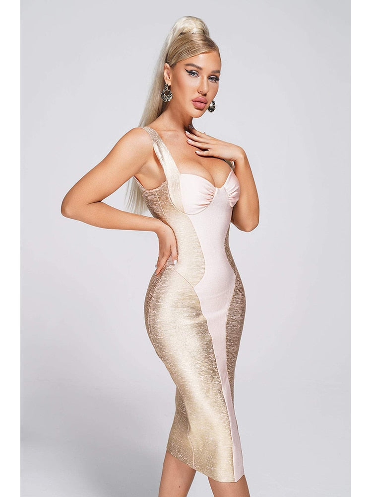 Sexy Spaghetti Strap V Neck Midi Bandage Dress Elegant Gold Backless Gold Bronzing Print Bodycon Dress Party Evening Nightclub