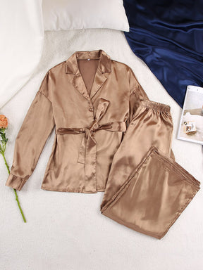 Linad Palazzo Pants Women&#39;s Pajamas Set Turn Down Collar Robes With Belt Long Sleeves Sleepwear Pure Color Satin Home Suit 2022