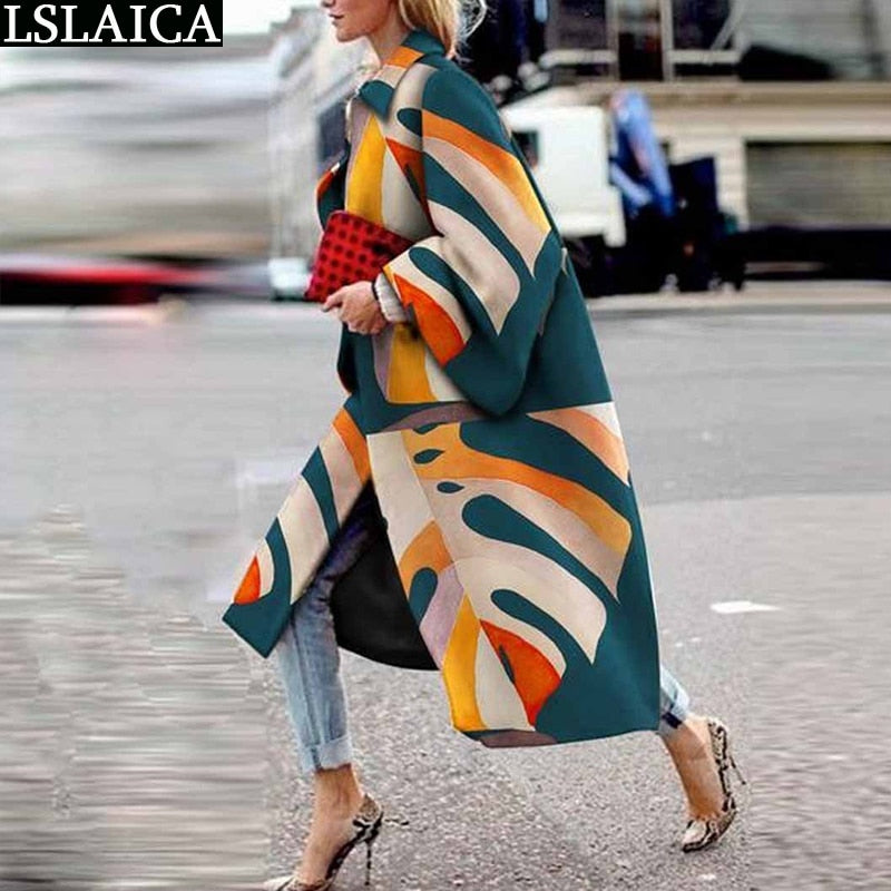 Casual Lapel Trench Coat For Women Autumn Winter Fashion Print Loose Warm Long coat High Street Style Ladies Overcoats