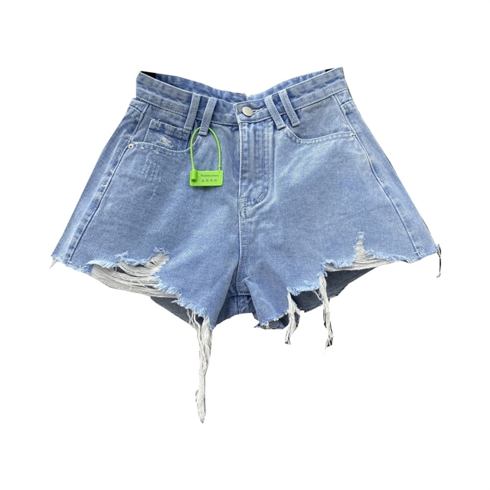 Denim Shorts High Waist Straight Solid Color Button Hollow Out Burr Short Jeans Spring 2023 New