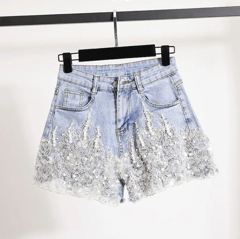 Beads Rhinestones Lace Flower Ladies Denim Shorts Women European High Waist Washed Hot Pants Fashion Stretchy Jeans