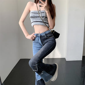 Fashion Sexy Patchwork Ladies Slim High Waisted Flare Jeans Women Autumn Streetwear Korean Thin Skinny Denim Pants Clothing