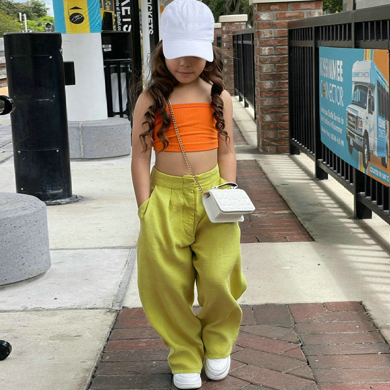 Girl Streetwear Clothing 2pcs/set Sleeveless Crop Tops+Chic Long Loose Trousers Baby Kids Girl Clothes Suits