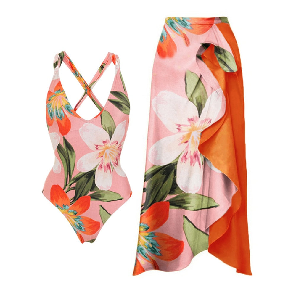 Swimsuit Orange Flower Printed Swimwear