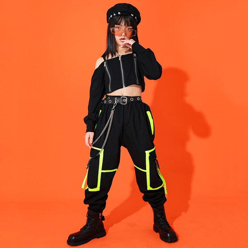 Girls Hip Hop Cargo Pants Goth Crop Top 2 Pcs Set Sweatshirt Children Street Dance Clothing Kids Jazz Gothic Costumes Streetwear