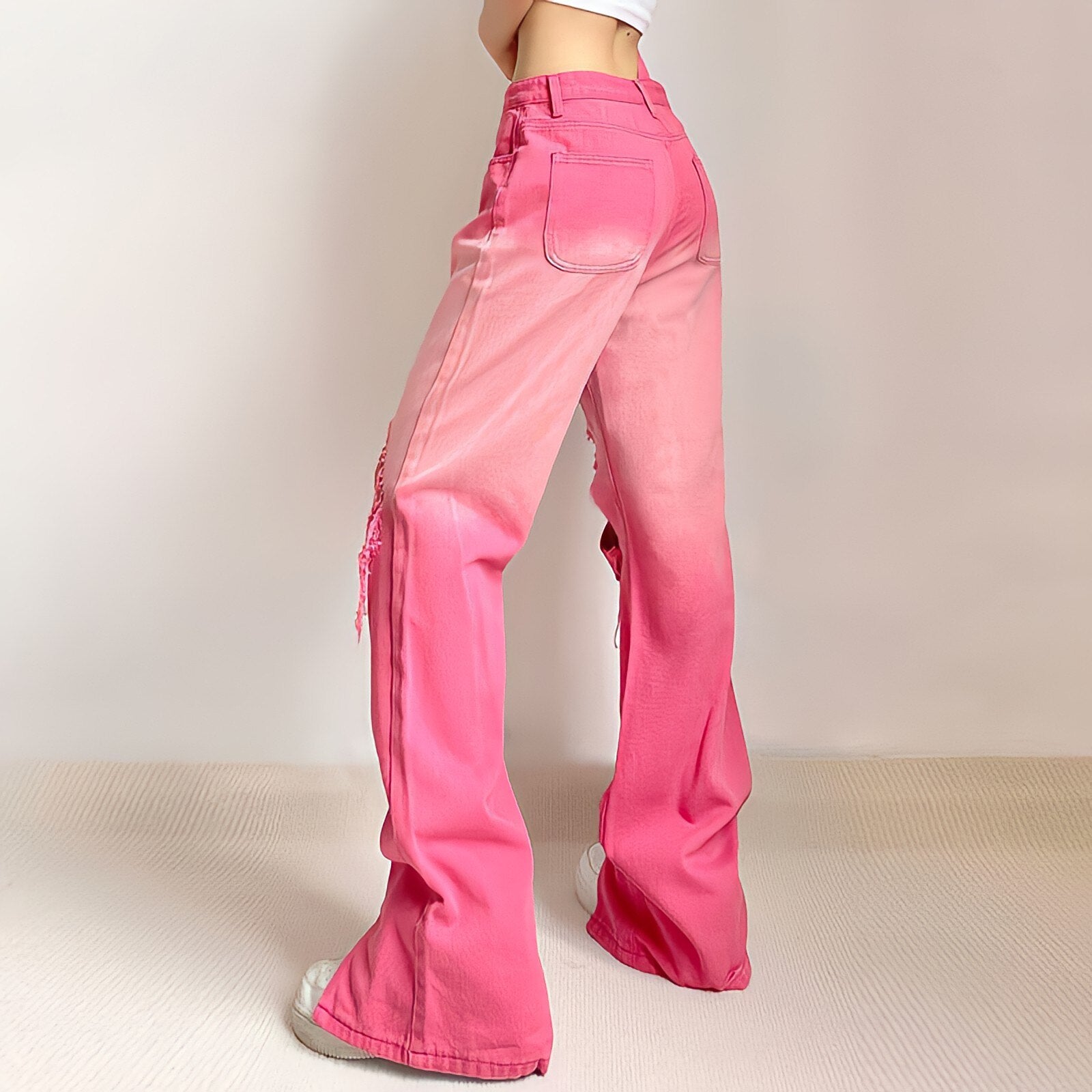 Pink Flared Jeans Womens High Waist Korean Fashion American Style Streetwear Y2k Ripped Trousers Casual Straight Wide Leg Pants