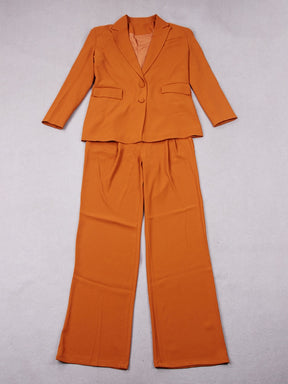 High Quality Women Suit 2 Pieces Set Orange Button Blazer Wide Leg Pants Two piece Set Vintage Jacket Coat High Waist Long Pants