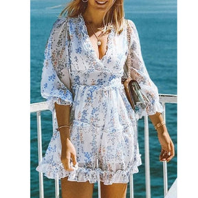 BOHO INSPIRED Harlow Floral Print Ruffle Dress women backless V-neck dress women mini summer dress