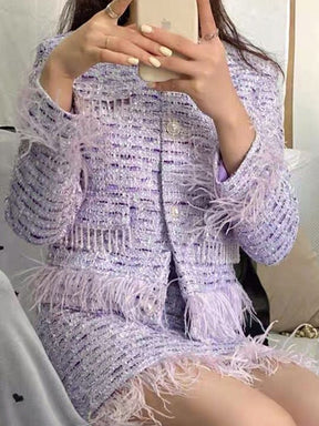 High Quality Elegant Violets Tweed Women Set Single-breasted Feather Beaded Tassel Jacket & High Waist Shorts Suit Fashion Party