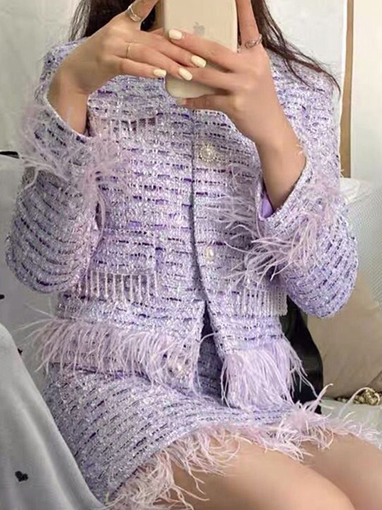 High Quality Elegant Violets Tweed Women Set Single-breasted Feather Beaded Tassel Jacket & High Waist Shorts Suit Fashion Party